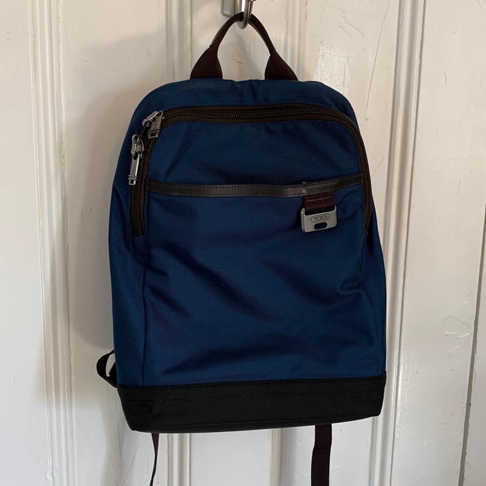 TUMI Travel Laptop Backpack Blue w/Brown Leather